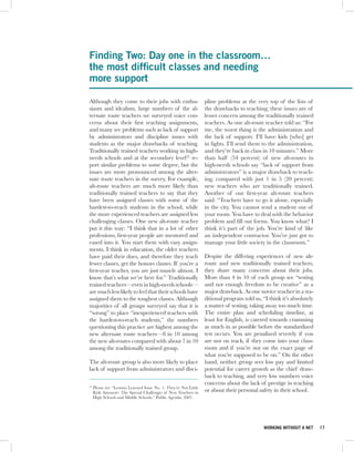 Finding Two: Day one in the classroom…
the most difficult classes and needing
more support

Although they come to their jobs with enthu-                       pline problems at the very top of the lists of
siasm and idealism, large numbers of the al-                       the drawbacks to teaching; these issues are of
ternate route teachers we surveyed voice con-                      lesser concern among the traditionally trained
cerns about their first teaching assignments,                      teachers. As one alt-route teacher told us: “For
and many see problems such as lack of support                      me, the worst thing is the administration and
by administrators and discipline issues with                       the lack of support. I’ll have kids [who] get
students as the major drawbacks of teaching.                       in fights. I’ll send them to the administration,
Traditionally trained teachers working in high-                    and they’re back in class in 10 minutes.” More
needs schools and at the secondary level22 re-                     than half (54 percent) of new alt-routes in
port similar problems to some degree, but the                      high-needs schools say “lack of support from
issues are more pronounced among the alter-                        administrators” is a major drawback to teach-
nate route teachers in the survey. For example,                    ing, compared with just 1 in 5 (20 percent)
alt-route teachers are much more likely than                       new teachers who are traditionally trained.
traditionally trained teachers to say that they                    Another of our first-year alt-route teachers
have been assigned classes with some of the                        said: “Teachers have to go it alone, especially
hardest-to-reach students in the school, while                     in the city. You cannot send a student out of
the more experienced teachers are assigned less                    your room. You have to deal with the behavior
challenging classes. One new alt-route teacher                     problem and fill out forms. You know what? I
put it this way: “I think that in a lot of other                   think it’s part of the job. You’re kind of like
professions, first-year people are mentored and                    an independent contractor. You’ve just got to
eased into it. You start them with easy assign-                    manage your little society in the classroom.”
ments. I think in education, the older teachers
have paid their dues, and therefore they teach                     Despite the differing experiences of new alt-
fewer classes, get the honors classes. If you’re a                 route and new traditionally trained teachers,
first-year teacher, you are just muscle almost. I                  they share many concerns about their jobs.
know that’s what we’re here for.” Traditionally                    More than 4 in 10 of each group see “testing
trained teachers—even in high-needs schools—                       and not enough freedom to be creative” as a
are much less likely to feel that their schools have               major drawback. As one novice teacher in a tra-
assigned them to the toughest classes. Although                    ditional program told us, “I think it’s absolutely
majorities of all groups surveyed say that it is                   a matter of testing, taking away too much time.
“wrong” to place “inexperienced teachers with                      The entire plan and scheduling timeline, at
the hardest-to-reach students,” the numbers                        least for English, is catered towards cramming
questioning this practice are highest among the                    as much in as possible before the standardized
new alternate route teachers—8 in 10 among                         test occurs. You are penalized severely if you
the new alt-routes compared with about 7 in 10                     are not on track, if they come into your class-
among the traditionally trained group.                             room and if you’re not on the exact page of
                                                                   what you’re supposed to be on.” On the other
The alt-route group is also more likely to place                   hand, neither group sees low pay and limited
lack of support from administrators and disci-                     potential for career growth as the chief draw-
                                                                   back to teaching, and very low numbers voice
                                                                   concerns about the lack of prestige in teaching
22
     Please see “Lessons Learned Issue No. 1: They’re Not Little
     Kids Anymore: The Special Challenges of New Teachers in       or about their personal safety in their school.
     High Schools and Middle Schools,” Public Agenda, 2007.




                                                                                              WORKING WITHOUT A NET     17
 
