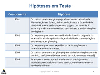 Hipóteses em Teste
Copyright Fábrica de Startups 4
Componente Hipótese
SC01 Os turistasque fazem glampings são urbanos, oriundos da
Alemanha,Países Baixos, ReinoUnido, Irlanda e Escandinávia,
têm 30-55 anos e estão dispostosa pagara um hotel de 4
estrelas para ficarem em tendascom conforto e em localizações
privilegiadas.
SC02 Os hóspedes procuram a experiênciada dormida original e da
localização,aliadaà privacidade,exclusividade,contemplaçãoe
isolamentonum glamping.
SC03 Os hóspedes procuram experiênciasde interaçãocom a
ruralidadee com a natureza.
SC04 Os turistasquerem fazer glamping em váriaslocalizaçõesdurante
um único período de férias (e qual a duraçãoe em que meses?)
SC05 As empresas eventosprecisam de formas de alojamento
provisório para posicionarcomo serviço premium e aumentar
vendasde bilhetes.
 