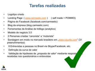 Tarefas realizadas
• Logotipo criado
• Landing Page ( www.carmeetic.com ) ( self made + POMMO)
• Página do Facebook (facebook.com/carmeetic)
• Blog da empresa (blog.carmeetic.com)
• Ferramentas de Análise de tráfego (analytics)
• Modelo de negócio 3.0
• 2 Personas criadas “caronista” e “motorista”
• Sondagem em modo no mercado brasileiro em „www.vajunto.com” (31
preenchimentos)
• 8 Entrevistas a pessoas no Brasil via Skype/Facebook, etc.
• Definição da curva de valor
• Validação de hipóteses de „proposta de valor” mediante respostas das
recebidas nos questionários e entrevistas
 