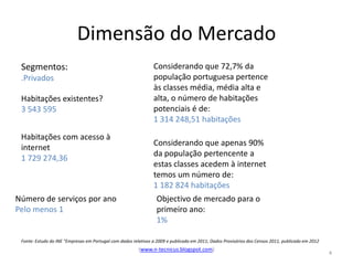 Dimensão do Mercado
 Segmentos:                                                     Considerando que 72,7% da
 .Privados                                                      população portuguesa pertence
                                                                às classes média, média alta e
 Habitações existentes?                                         alta, o número de habitações
 3 543 595                                                      potenciais é de:
                                                                1 314 248,51 habitações

 Habitações com acesso à
                                                                Considerando que apenas 90%
 internet
                                                                da população pertencente a
 1 729 274,36
                                                                estas classes acedem à internet
                                                                temos um número de:
                                                                1 182 824 habitações
Número de serviços por ano                                       Objectivo de mercado para o
Pelo menos 1                                                     primeiro ano:
                                                                 1%

 Fonte: Estudo do INE "Empresas em Portugal com dados relativos a 2009 e publicado em 2011; Dados Provisórios dos Censos 2011, publicado em 2012
                                                         (www.n-tecnicus.blogspot.com)
                                                                                                                                                   4
 