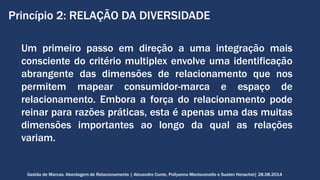 Princípio 2: RELAÇÃO DA DIVERSIDADE 
Um primeiro passo em direção a uma integração mais 
consciente do critério multiplex envolve uma identificação 
abrangente das dimensões de relacionamento que nos 
permitem mapear consumidor-marca e espaço de 
relacionamento. Embora a força do relacionamento pode 
reinar para razões práticas, esta é apenas uma das muitas 
dimensões importantes ao longo da qual as relações 
variam. 
Gestão de Marcas: Abordagem de Relacionamento | Alexandre Conte, Pollyanna Mantovanello e Suelen Henschel| 28.08.2014 
 