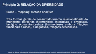 Princípio 2: RELAÇÃO DA DIVERSIDADE 
Brand – mapping: método analítico 
Três formas gerais de consumidor-marca relacionalidade do 
manifesto: parcerias (harmonioso, interativas e emotivas), 
benigno acquaintanceships (harmoniosos embora filiações 
funcionais e rasos), e negativas, relações desconexas. 
Gestão de Marcas: Abordagem de Relacionamento | Alexandre Conte, Pollyanna Mantovanello e Suelen Henschel| 28.08.2014 
 