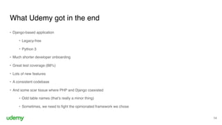 What Udemy got in the end
14
• Django-based application
• Legacy-free
• Python 3
• Much shorter developer onboarding
• Great test coverage (88%)
• Lots of new features
• A consistent codebase
• And some scar tissue where PHP and Django coexisted
• Odd table names (that’s really a minor thing)
• Sometimes, we need to fight the opinionated framework we chose
 