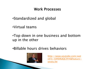 Work Processes

•Standardized and global

•Virtual teams

•Top down in one business and bottom
up in the other

•Billable hours drives behaviors

                    http://www.youtube.com/wat
                    ch?v=69fDRdQC9Y4&feature=
                    youtu.be
 