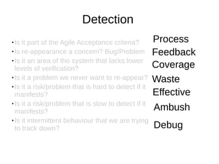 Detection
● Is it part of the Agile Acceptance criteria?
● Is re-appearance a concern? Bug/Problem
● Is it an area of the system that lacks lower
levels of verification?
● Is it a problem we never want to re-appear?
● Is it a risk/problem that is hard to detect if it
manifests?
● Is it a risk/problem that is slow to detect if it
manifests?
● Is it intermittent behaviour that we are trying
to track down?
Process
Coverage
Feedback
Waste
Effective
Debug
Ambush
 