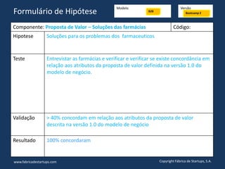 Componente: Proposta de Valor – Soluções das farmácias Código:
Hipotese Soluções para os problemas dos farmaceuticos
Teste Entrevistar as farmácias e verificar e verificar se existe concordância em
relação aos atributos da proposta de valor definida na versão 1.0 do
modelo de negócio.
Validação > 40% concordam em relação aos atributos da proposta de valor
descrita na versão 1.0 do modelo de negócio
Resultado 100% concordaram
www.fabricadestartups.com Copyright Fábrica de Startups, S.A.
Formulário de Hipótese
Modelo Versão
Bootcamp 2
B2B
 