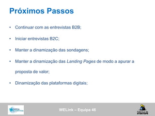 WELink – Equipa 46
Próximos Passos
• Continuar com as entrevistas B2B;
• Iniciar entrevistas B2C;
• Manter a dinamização das sondagens;
• Manter a dinamização das Landing Pages de modo a apurar a
proposta de valor;
• Dinamização das plataformas digitais;
 