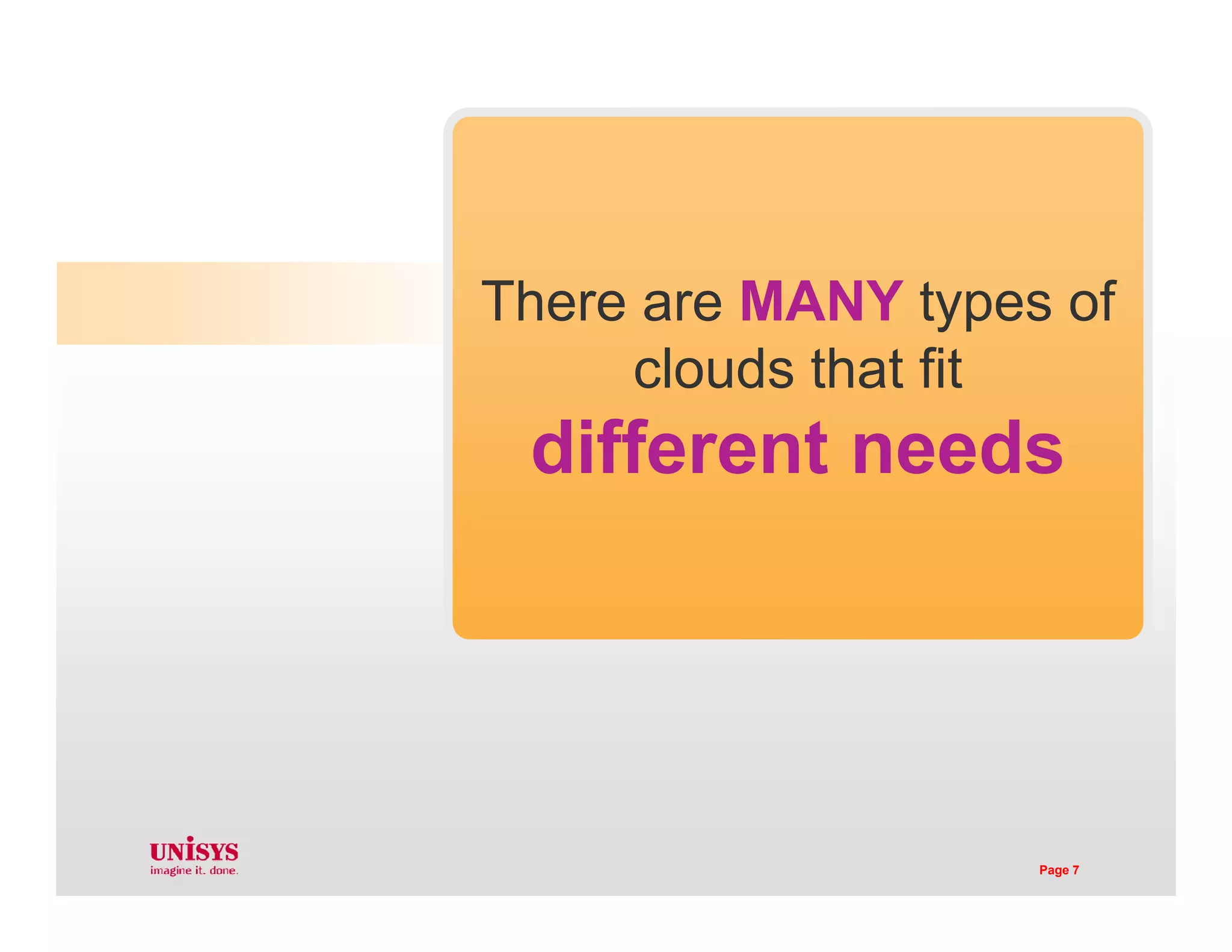 MYTH All Clouds are the
Same
There are MANY types of
clouds that fit
different needsSamedifferent needs
Page 7
 