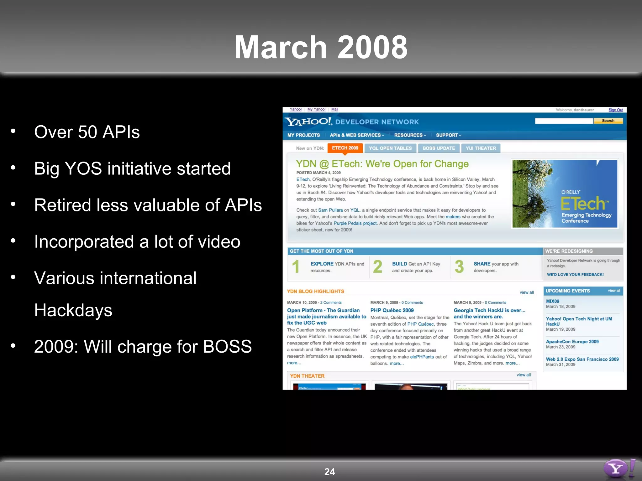 March 2008 Over 50 APIs Big YOS initiative started Retired less valuable of APIs Incorporated a lot of video Various international Hackdays 2009: Will charge for BOSS  