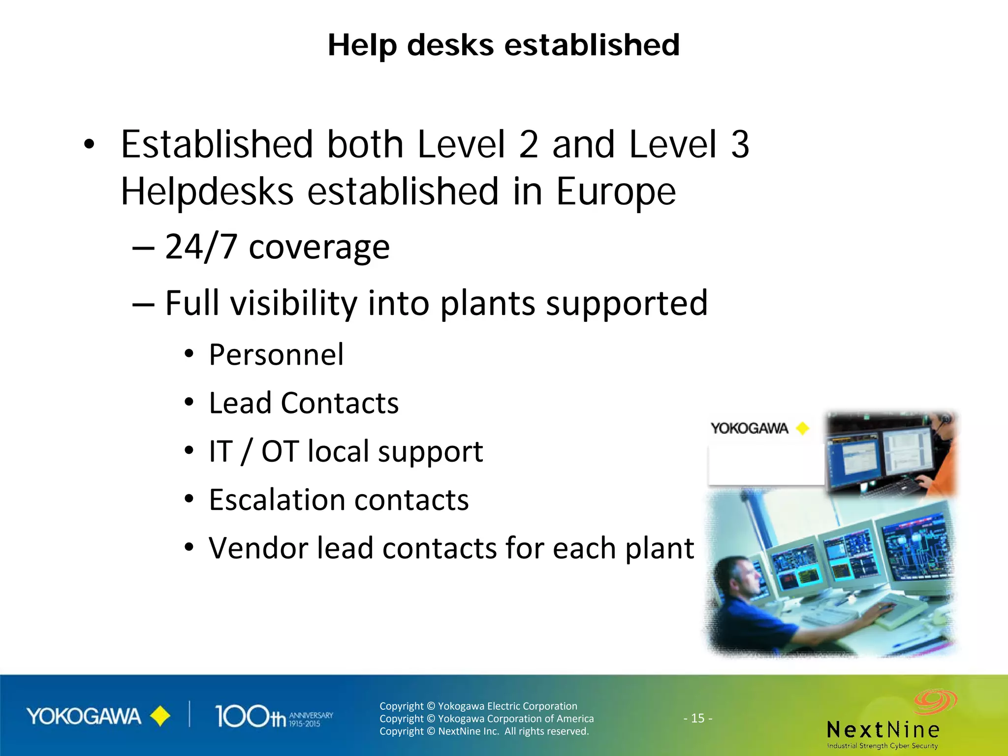 Copyright © Yokogawa Electric Corporation
Copyright © Yokogawa Corporation of America
Copyright © NextNine Inc. All rights reserved.
- 15 -
Help desks established
• Established both Level 2 and Level 3
Helpdesks established in Europe
– 24/7 coverage
– Full visibility into plants supported
• Personnel
• Lead Contacts
• IT / OT local support
• Escalation contacts
• Vendor lead contacts for each plant
 