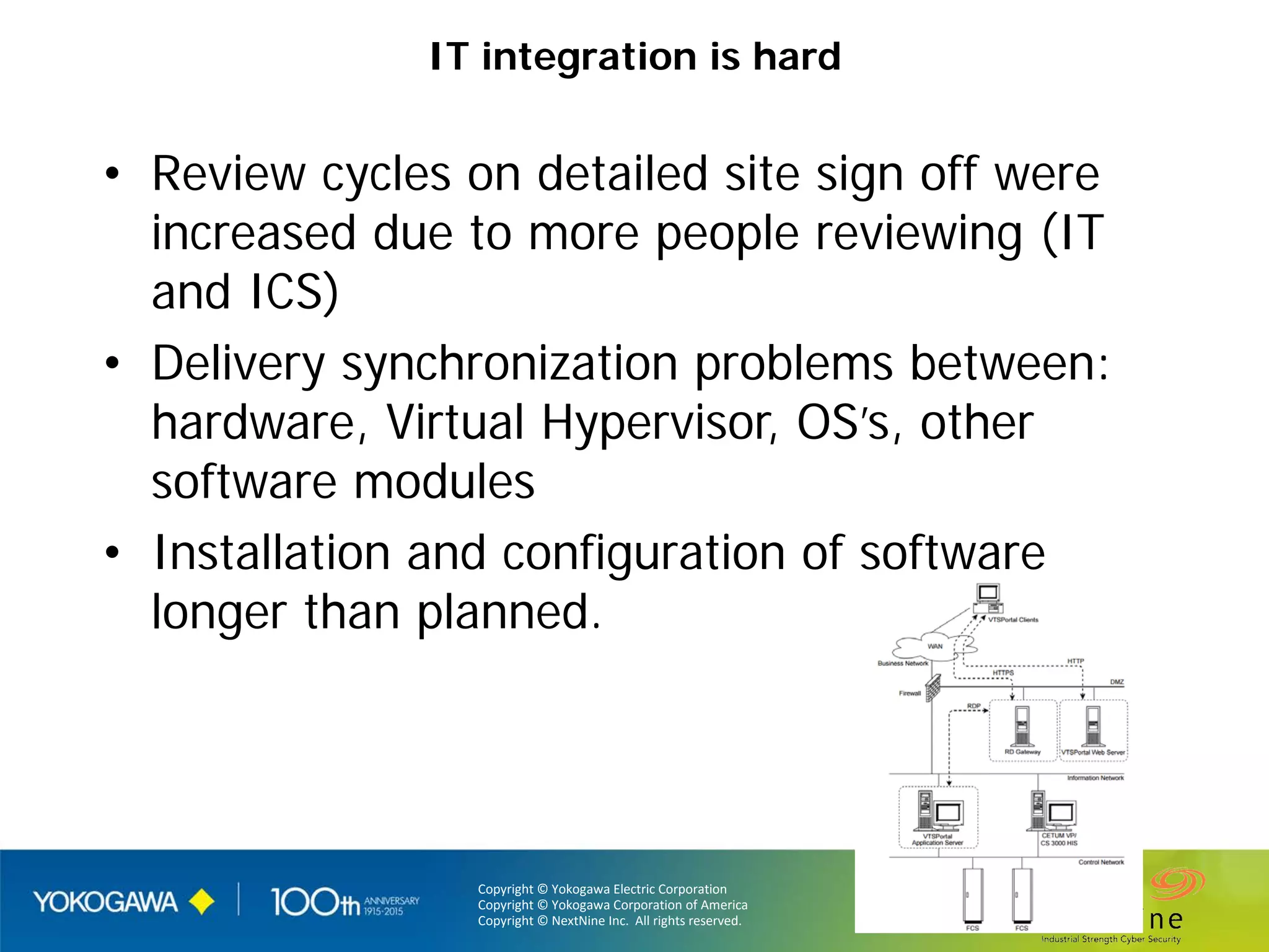 Copyright © Yokogawa Electric Corporation
Copyright © Yokogawa Corporation of America
Copyright © NextNine Inc. All rights reserved.
- 20 -
IT integration is hard
• Review cycles on detailed site sign off were
increased due to more people reviewing (IT
and ICS)
• Delivery synchronization problems between:
hardware, Virtual Hypervisor, OS’s, other
software modules
• Installation and configuration of software
longer than planned.
 