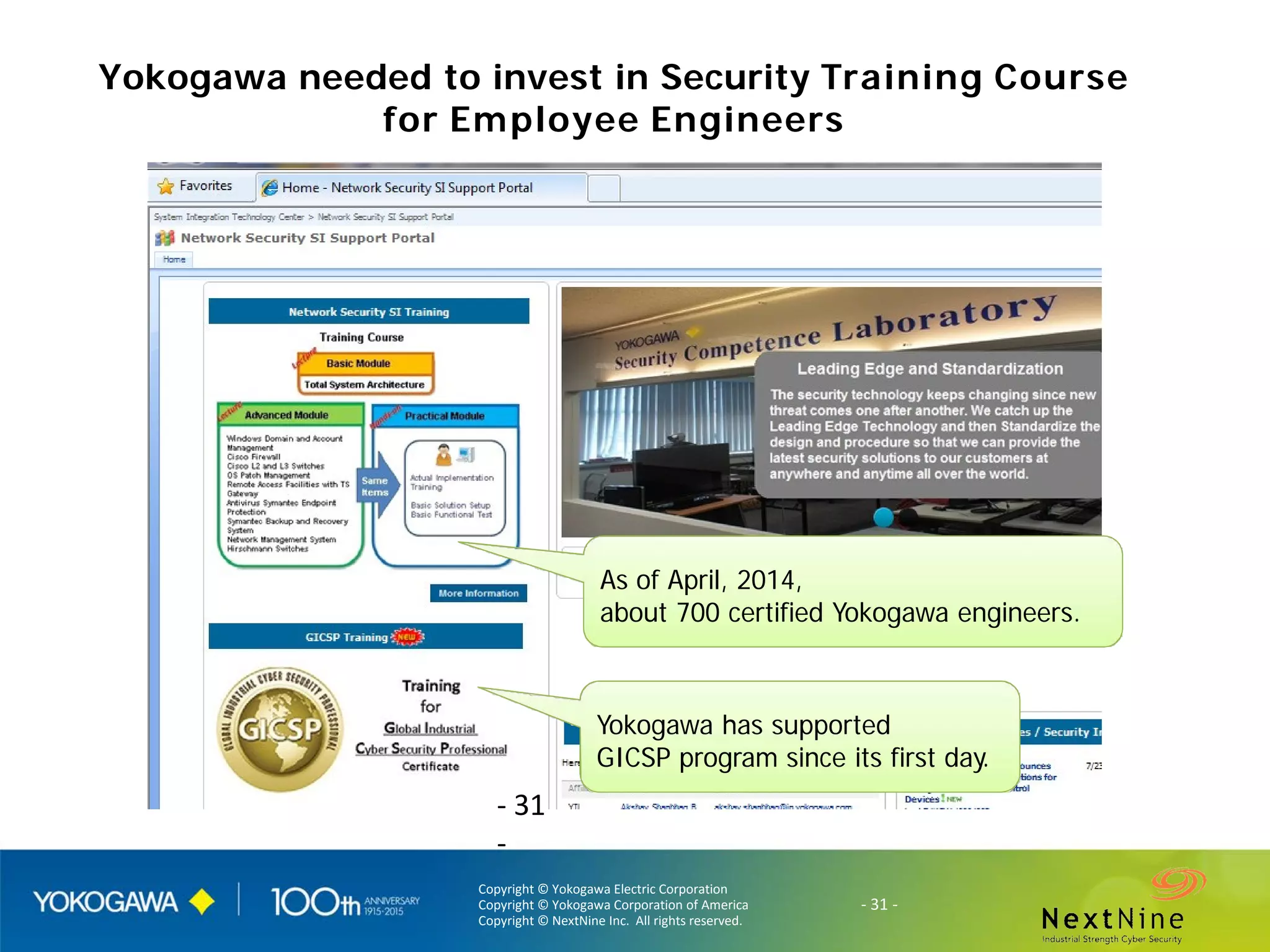 Copyright © Yokogawa Electric Corporation
Copyright © Yokogawa Corporation of America
Copyright © NextNine Inc. All rights reserved.
- 31 -
Yokogawa needed to invest in Security Training Course
for Employee Engineers
As of April, 2014,
about 700 certified Yokogawa engineers.
Yokogawa has supported
GICSP program since its first day.
- 31
-
 