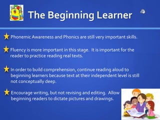 The Beginning Learner
Phonemic Awareness and Phonics are still very important skills.
Fluency is more important in this stage. It is important for the
reader to practice reading real texts.
In order to build comprehension, continue reading aloud to
beginning learners because text at their independent level is still
not conceptually deep.
Encourage writing, but not revising and editing. Allow
beginning readers to dictate pictures and drawings.
 