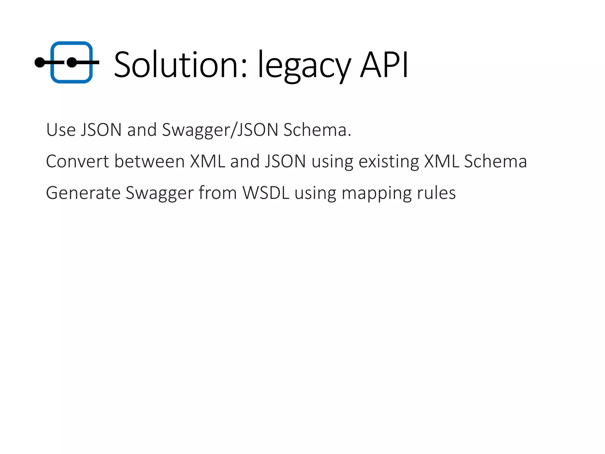 Solution: legacy API
Use JSON and Swagger/JSON Schema.
Convert between XML and JSON using existing XML Schema
Generate Swagger from WSDL using mapping rules
 