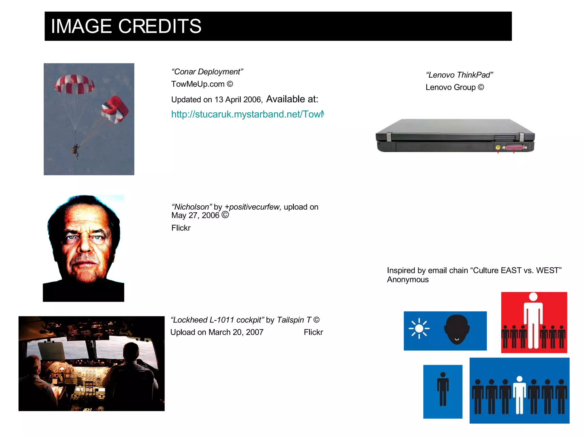 IMAGE CREDITS “ Nicholson” by +positivecurfew, upload on May 27, 2006 © Flickr “ Conar Deployment” TowMeUp.com © Updated on 13 April 2006, Available at: http://stucaruk.mystarband.net/TowMeUp%20Website/Conar.html “ Lockheed L-1011 cockpit” by Tailspin T © Upload on March 20, 2007 Flickr “ Lenovo ThinkPad” Lenovo Group © Inspired by email chain “Culture EAST vs. WEST” Anonymous 