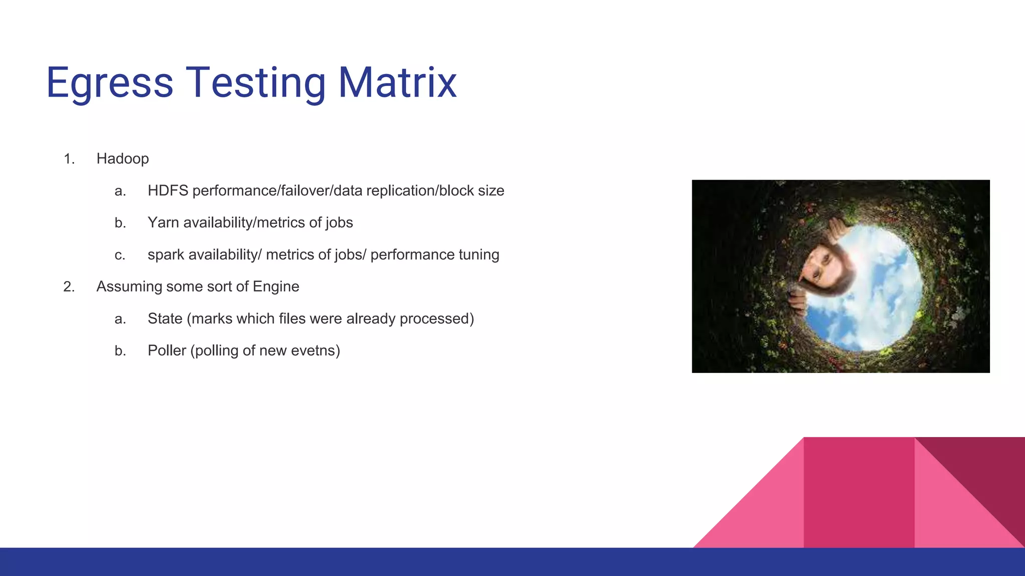 Egress Testing Matrix
1. Hadoop
a. HDFS performance/failover/data replication/block size
b. Yarn availability/metrics of jobs
c. spark availability/ metrics of jobs/ performance tuning
2. Assuming some sort of Engine
a. State (marks which files were already processed)
b. Poller (polling of new evetns)
 