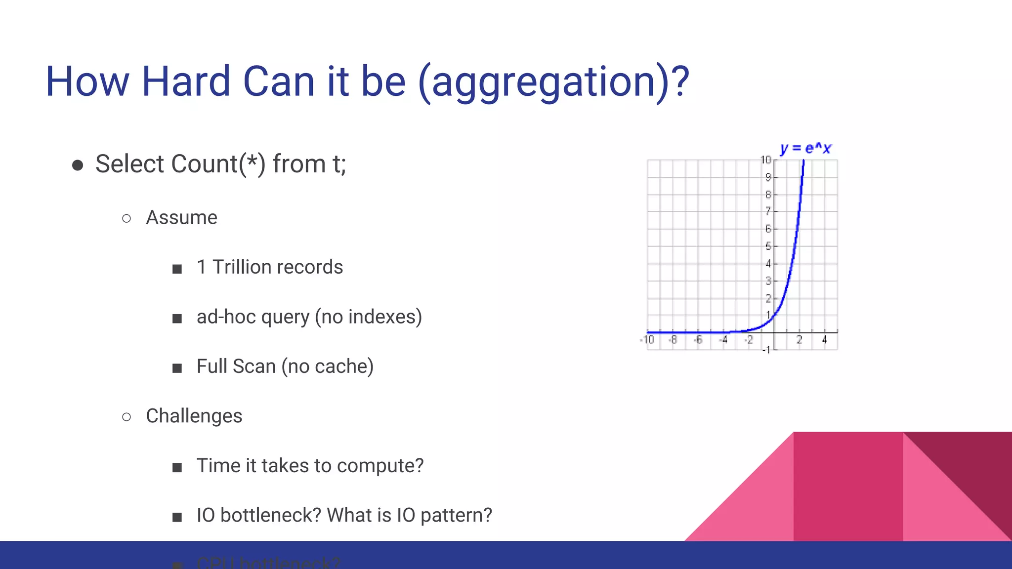 How Hard Can it be (aggregation)?
● Select Count(*) from t;
○ Assume
■ 1 Trillion records
■ ad-hoc query (no indexes)
■ Full Scan (no cache)
○ Challenges
■ Time it takes to compute?
■ IO bottleneck? What is IO pattern?
 