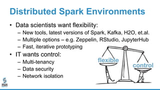 Distributed Spark Environments
• Data scientists want flexibility:
– New tools, latest versions of Spark, Kafka, H2O, et.al.
– Multiple options – e.g. Zeppelin, RStudio, JupyterHub
– Fast, iterative prototyping
• IT wants control:
– Multi-tenancy
– Data security
– Network isolation
 