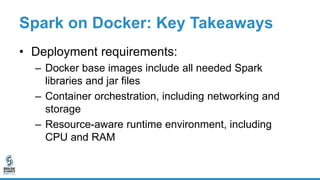 Spark on Docker: Key Takeaways
• Deployment requirements:
– Docker base images include all needed Spark
libraries and jar files
– Container orchestration, including networking and
storage
– Resource-aware runtime environment, including
CPU and RAM
 