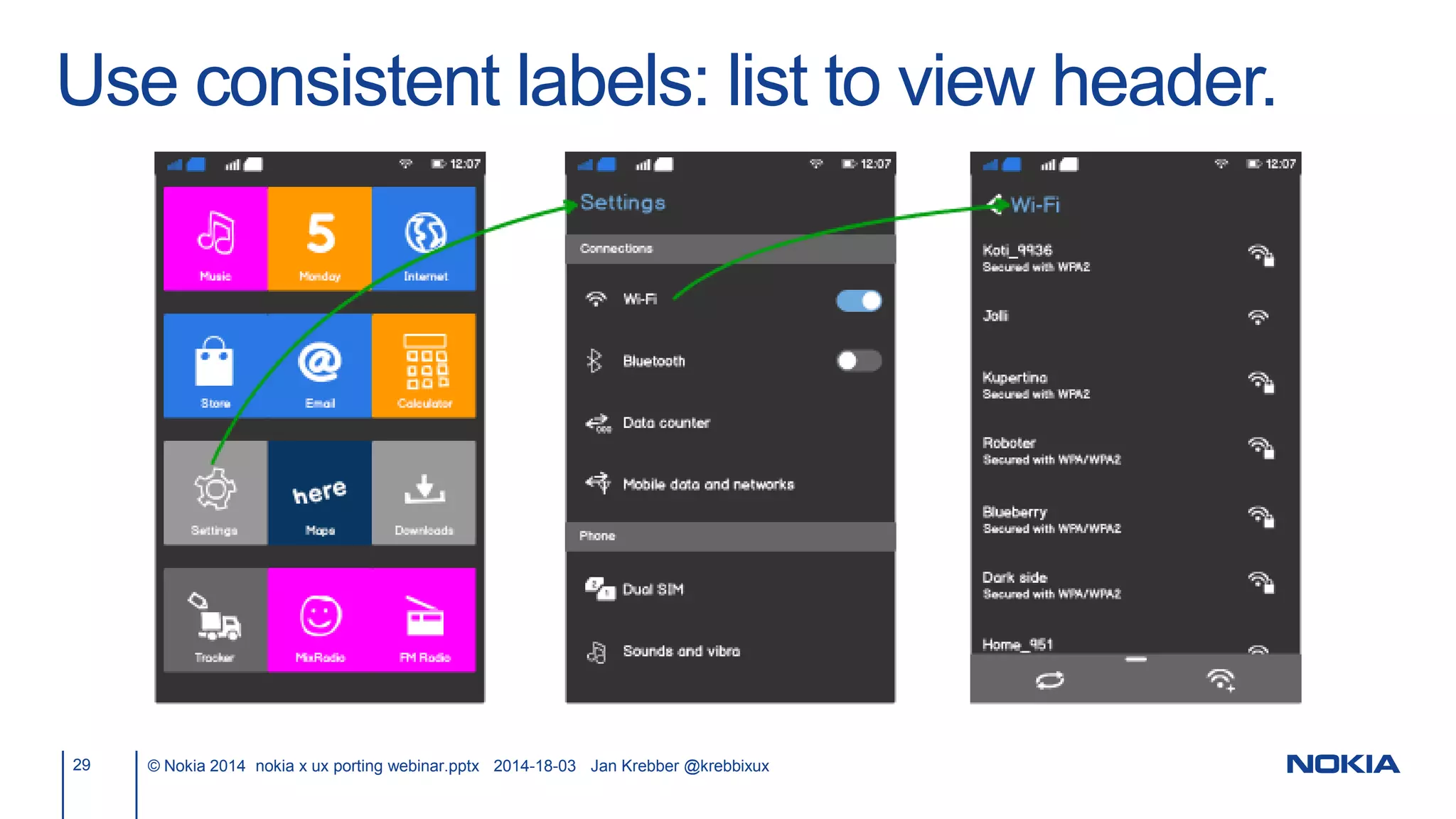Use consistent labels: list to view header.
29 © Nokia 2014 nokia x ux porting webinar.pptx 2014-18-03 Jan Krebber @krebbixux
 