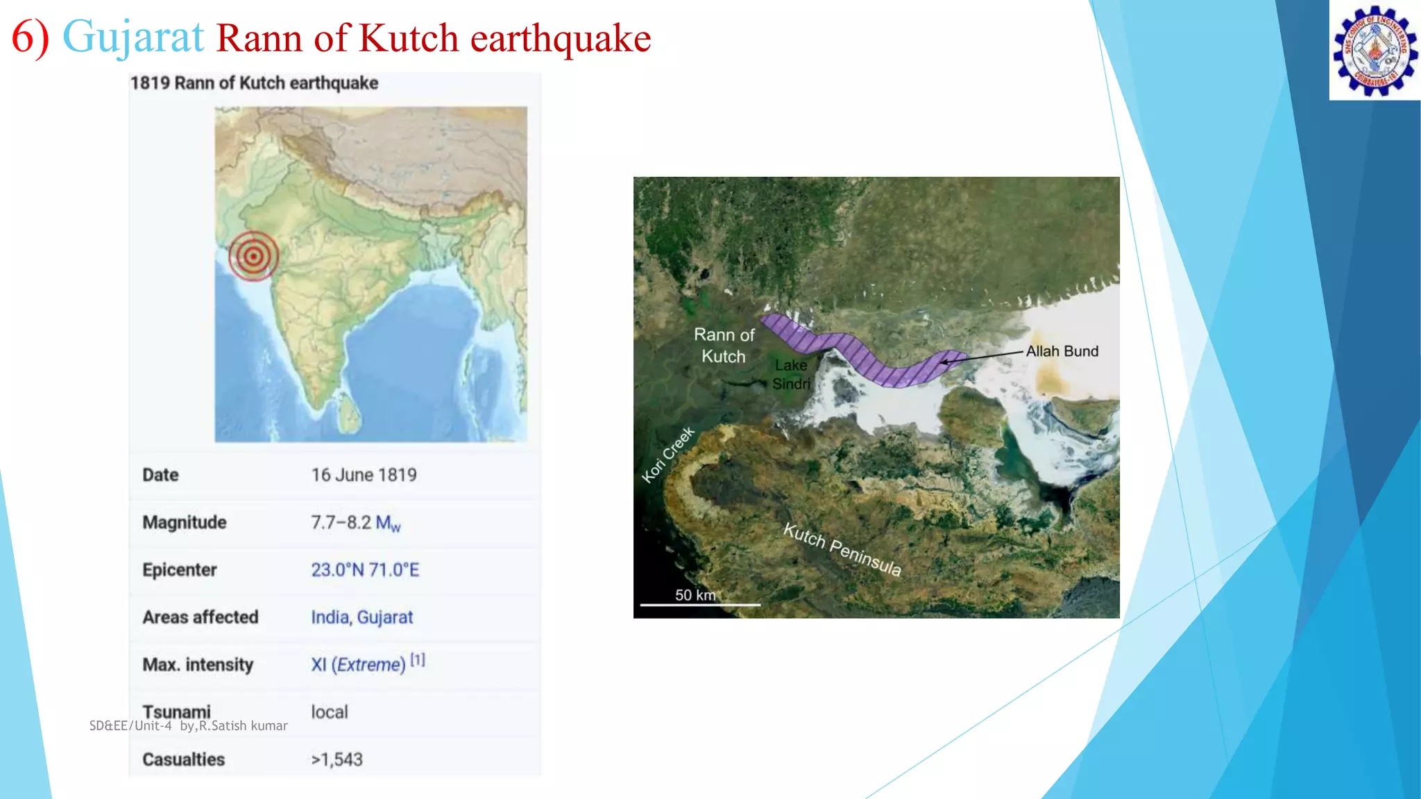 6) Gujarat Rann of Kutch earthquake
SD&EE/Unit-4 by,R.Satish kumar
 