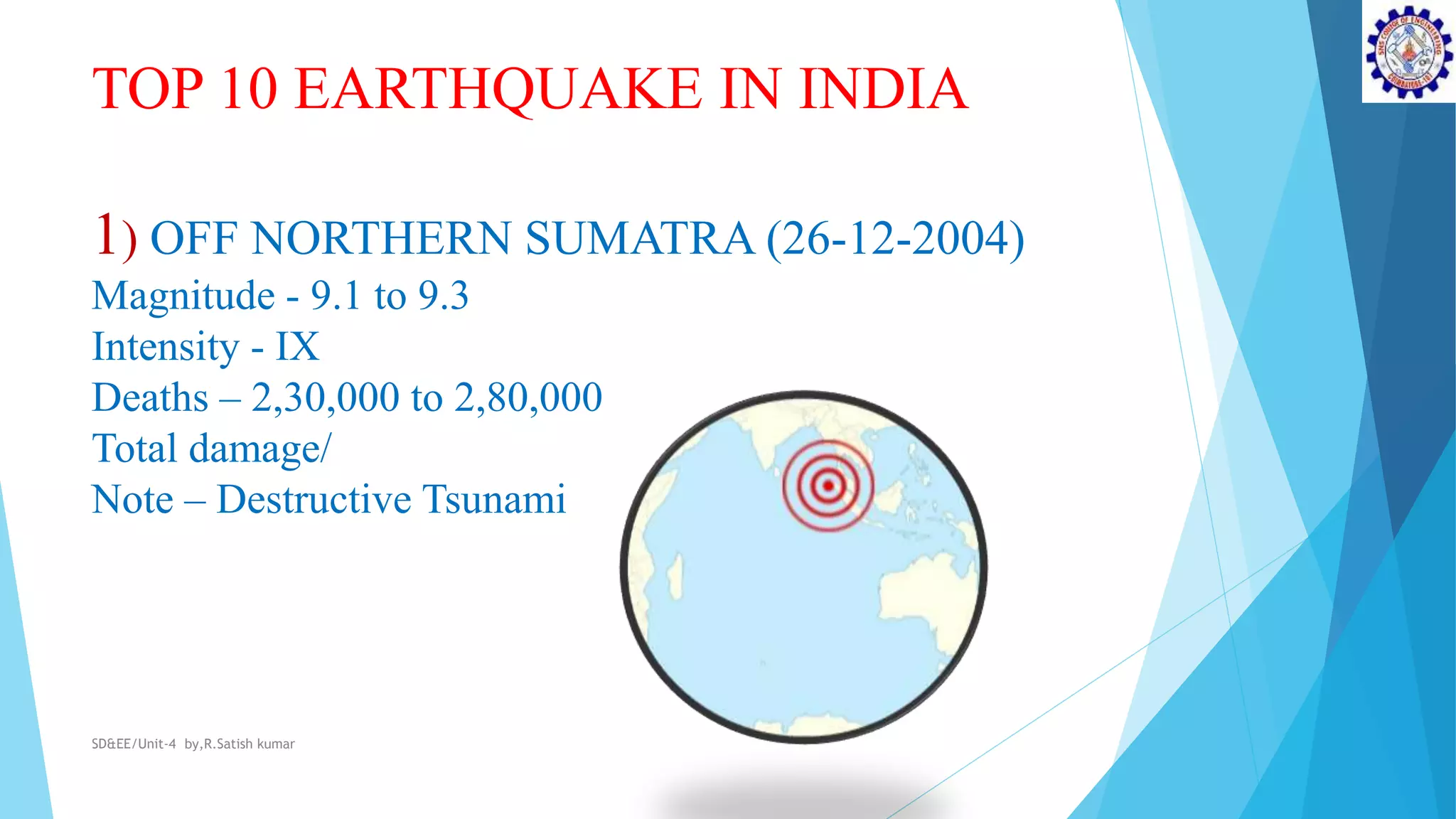 TOP 10 EARTHQUAKE IN INDIA
1) OFF NORTHERN SUMATRA (26-12-2004)
Magnitude - 9.1 to 9.3
Intensity - IX
Deaths – 2,30,000 to 2,80,000
Total damage/
Note – Destructive Tsunami
SD&EE/Unit-4 by,R.Satish kumar
 