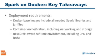 Spark on Docker: Key Takeaways
• Deployment requirements:
– Docker base images include all needed Spark libraries and
jar files
– Container orchestration, including networking and storage
– Resource-aware runtime environment, including CPU and
RAM
 