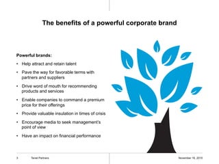 The benefits of a powerful corporate brand
Powerful brands:
•  Help attract and retain talent
•  Pave the way for favorable terms with
partners and suppliers
•  Drive word of mouth for recommending
products and services
•  Enable companies to command a premium
price for their offerings
•  Provide valuable insulation in times of crisis
•  Encourage media to seek management’s
point of view
•  Have an impact on financial performance
November 16, 2015Tenet Partners3
 