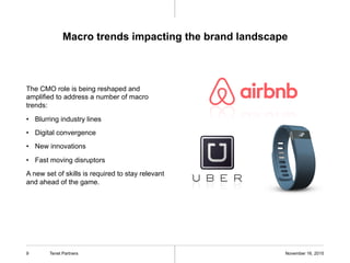 Macro trends impacting the brand landscape
The CMO role is being reshaped and
amplified to address a number of macro
trends:
•  Blurring industry lines
•  Digital convergence
•  New innovations
•  Fast moving disruptors
A new set of skills is required to stay relevant
and ahead of the game.
November 16, 2015Tenet Partners9
 