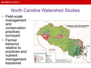 North Carolina Watershed Studies
• Field-scale
management
and
conservation
practices
surveyed
• Farmer
behavior
relative to
practices and
nutrient
management
expolored
Lincoln Lake (AR CEAP)
Watershed
 