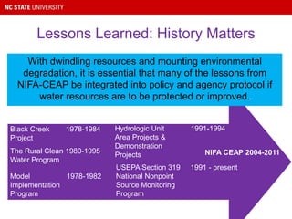 Lessons Learned: History Matters
Black Creek 1978-1984
Project
Model 1978-1982
Implementation
Program
The Rural Clean 1980-1995
Water Program
Hydrologic Unit 1991-1994
Area Projects &
Demonstration
Projects
USEPA Section 319 1991 - present
National Nonpoint
Source Monitoring
Program
NIFA CEAP 2004-2011
With dwindling resources and mounting environmental
degradation, it is essential that many of the lessons from
NIFA-CEAP be integrated into policy and agency protocol if
water resources are to be protected or improved.
 