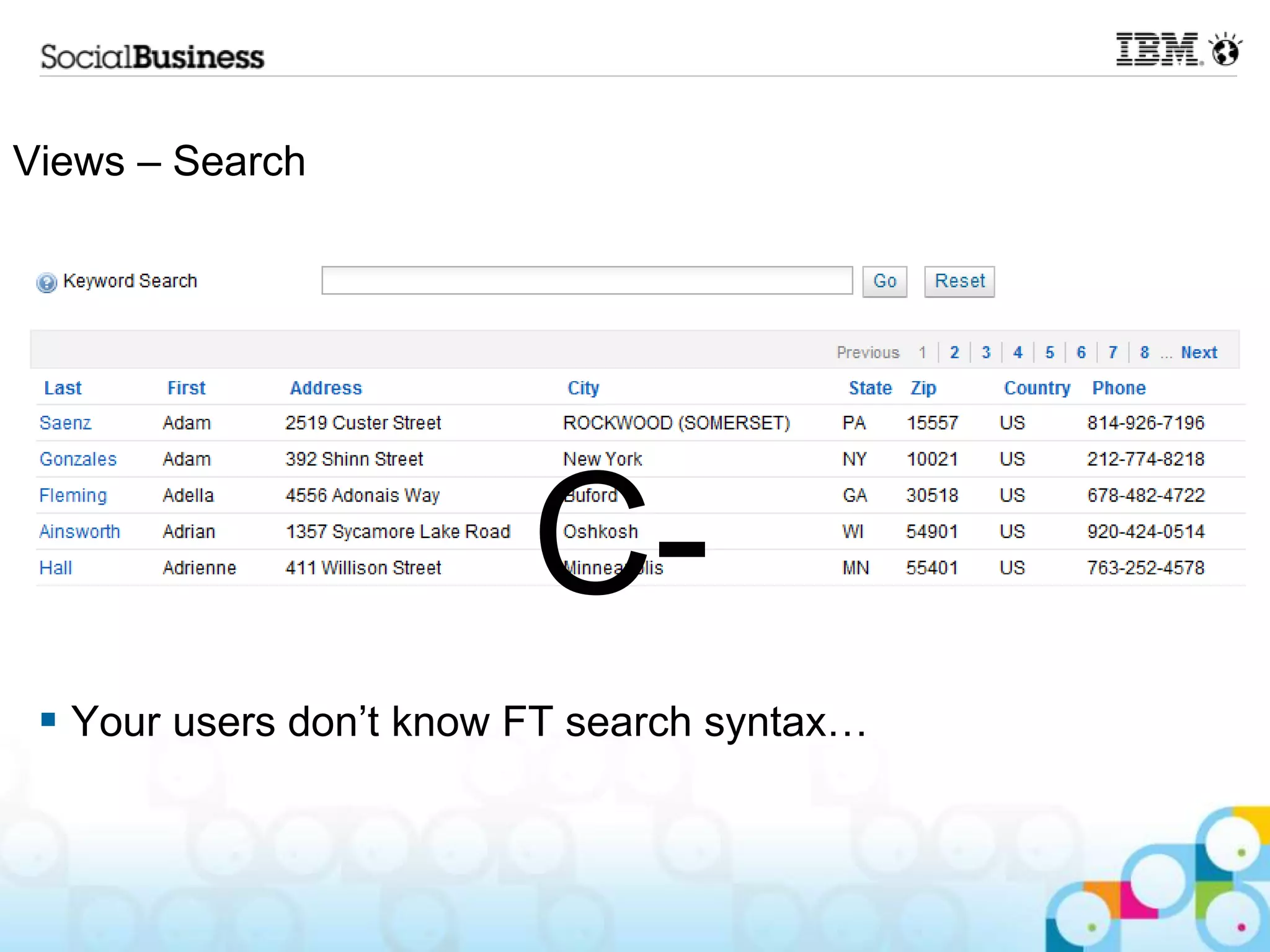 Views – Search




                         C-
  Your users don’t know FT search syntax…
 