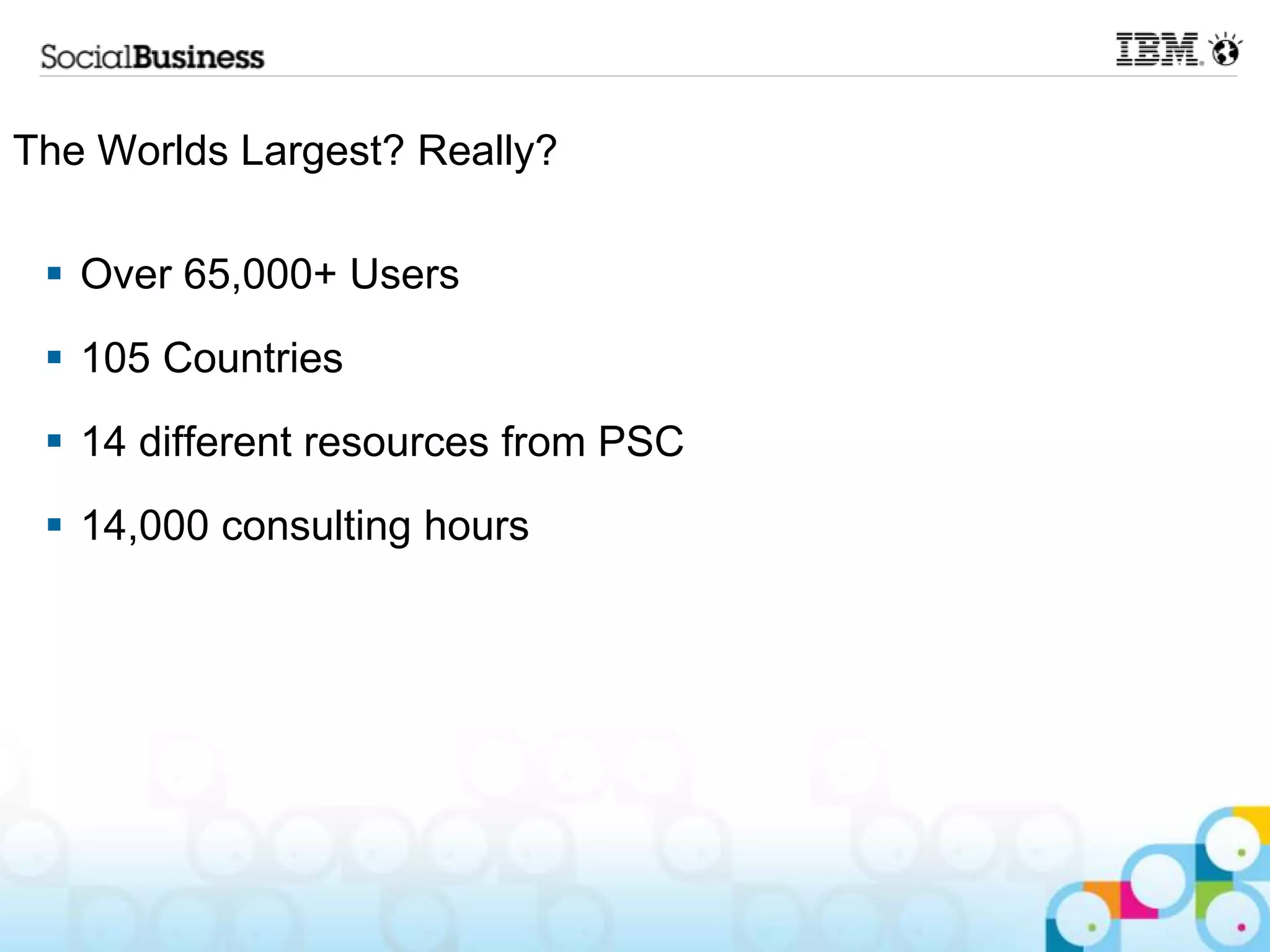 The Worlds Largest? Really?

  Over 65,000+ Users
  105 Countries
  14 different resources from PSC
  14,000 consulting hours
 