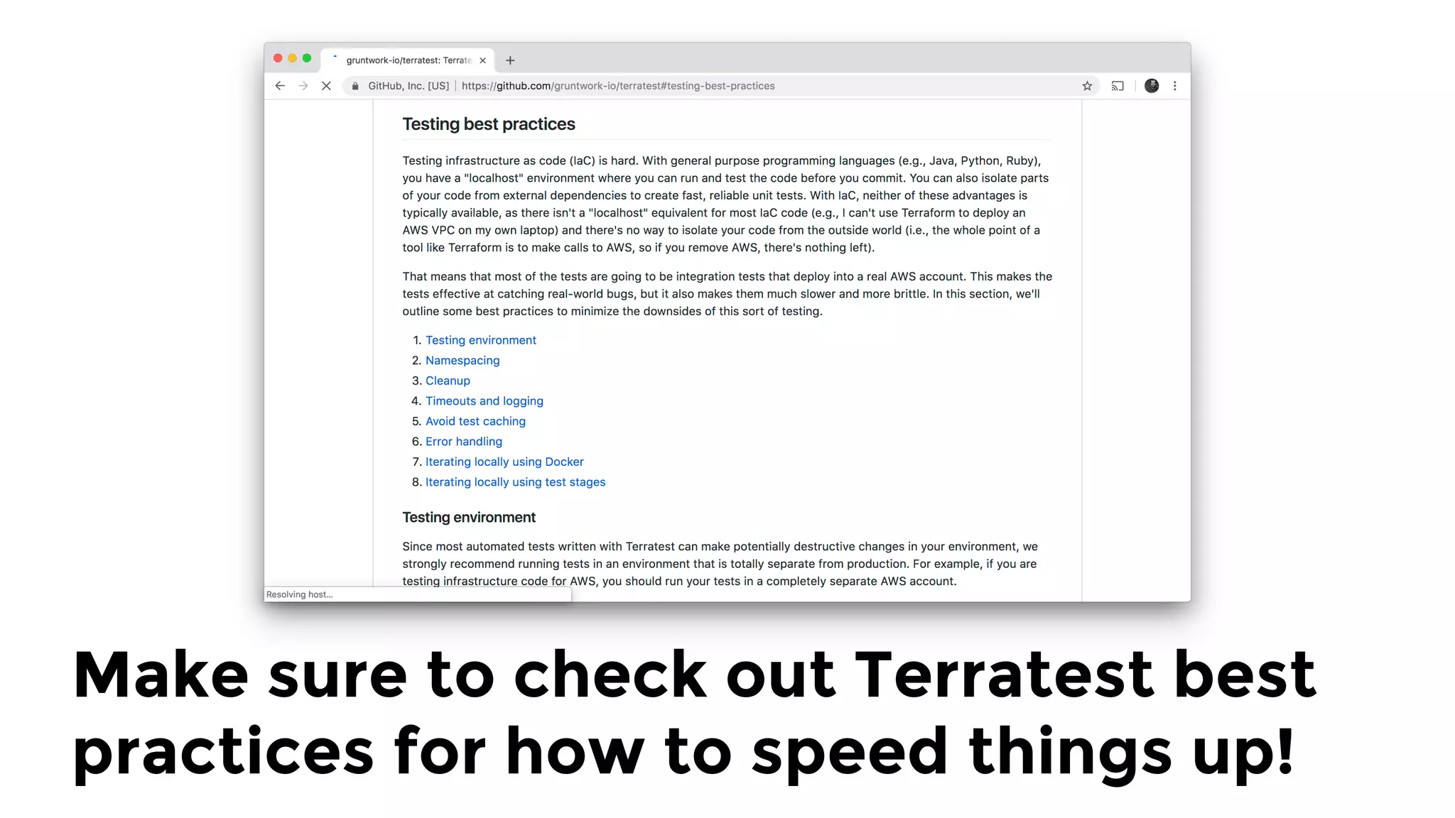Make sure to check out Terratest best
practices for how to speed things up!
 