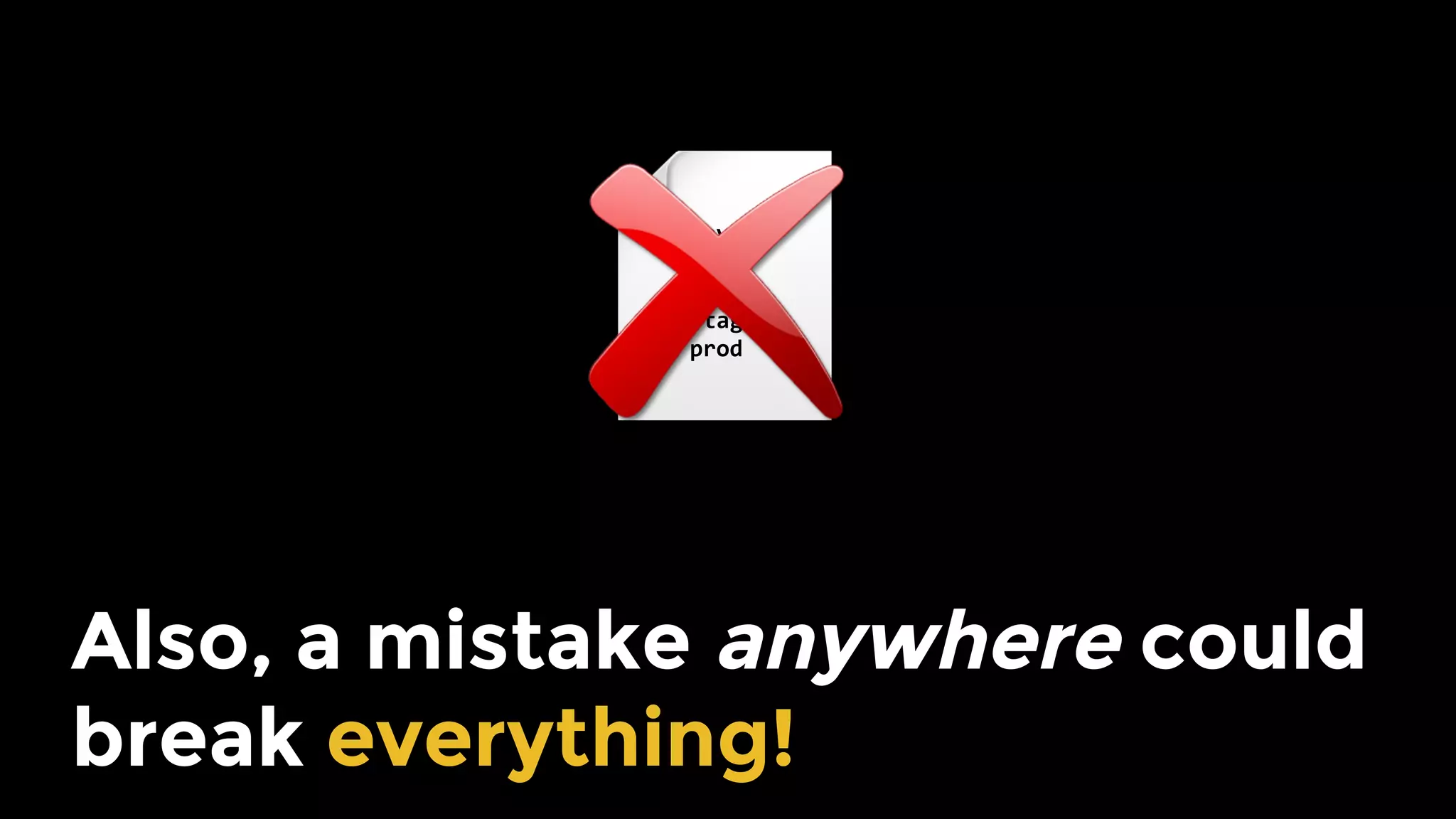 Also, a mistake anywhere could
break everything!
dev	
qa	
test	
stage	
prod	
 