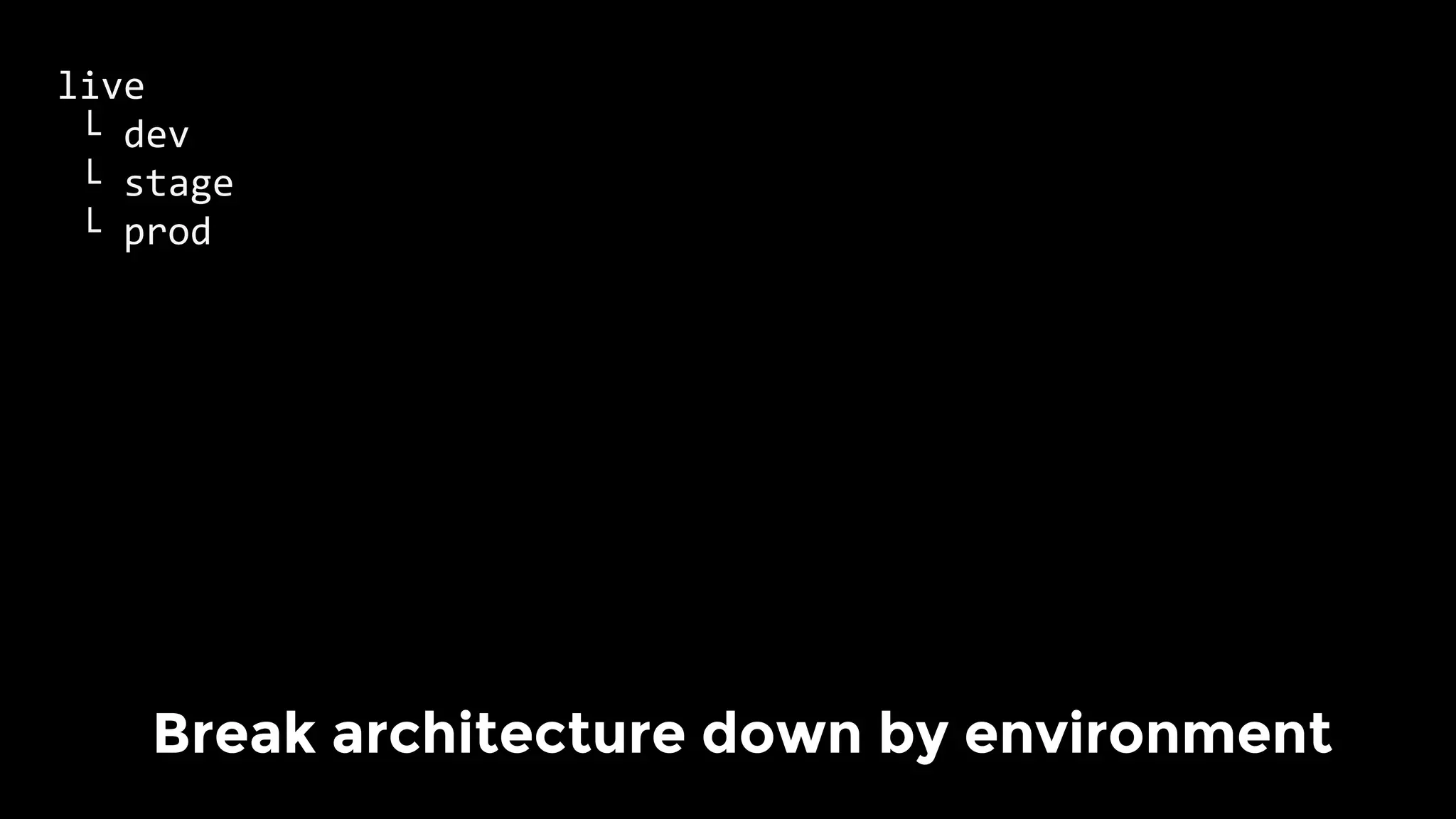 live	
	└	dev	
	└	stage	
	└	prod		
	
Break architecture down by environment
 