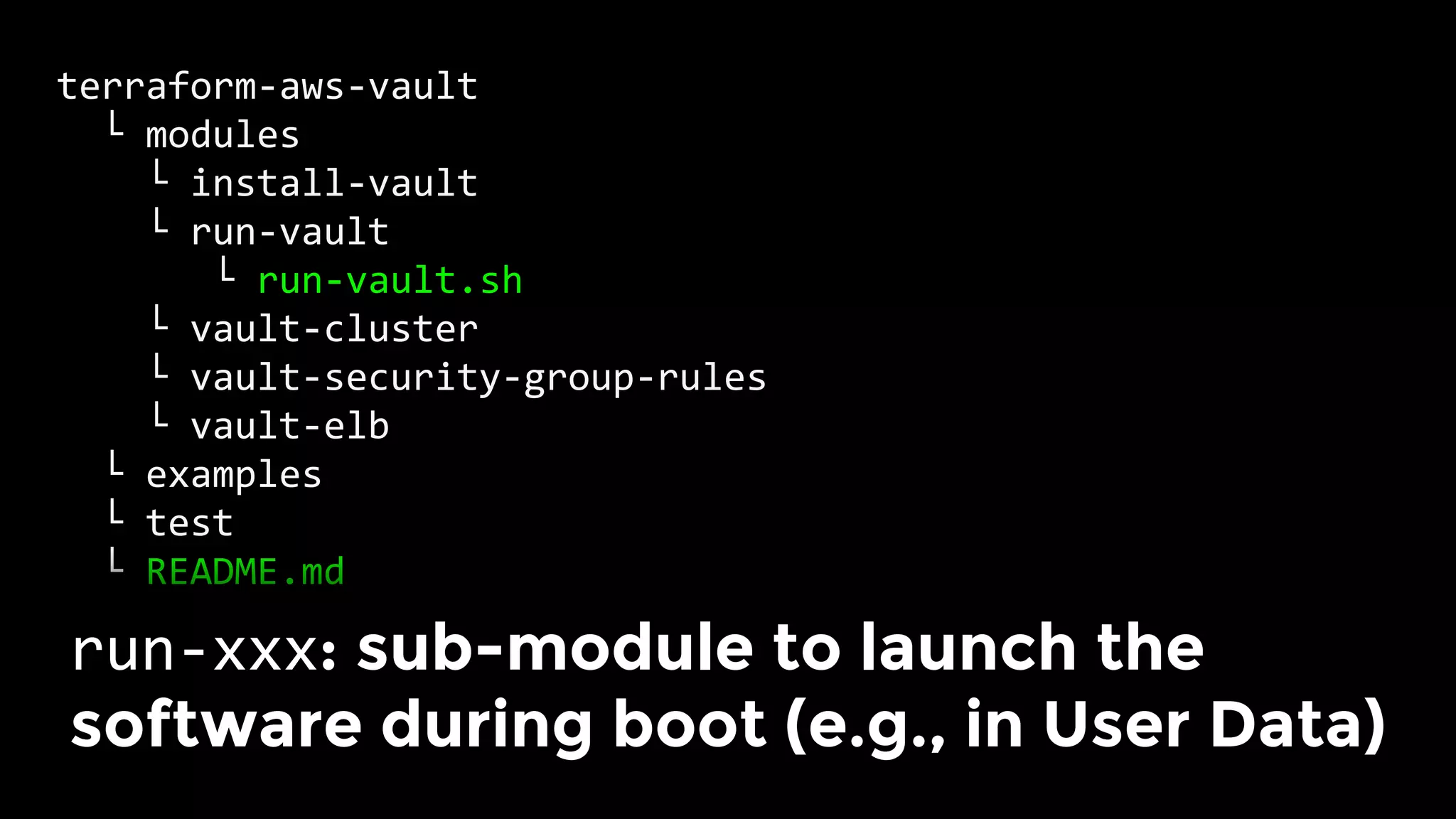 terraform-aws-vault	
		└	modules	
				└	install-vault	
				└	run-vault	
							└	run-vault.sh	
				└	vault-cluster	
				└	vault-security-group-rules	
				└	vault-elb	
		└	examples	
		└	test	
		└	README.md	
run-xxx: sub-module to launch the
software during boot (e.g., in User Data)	
 