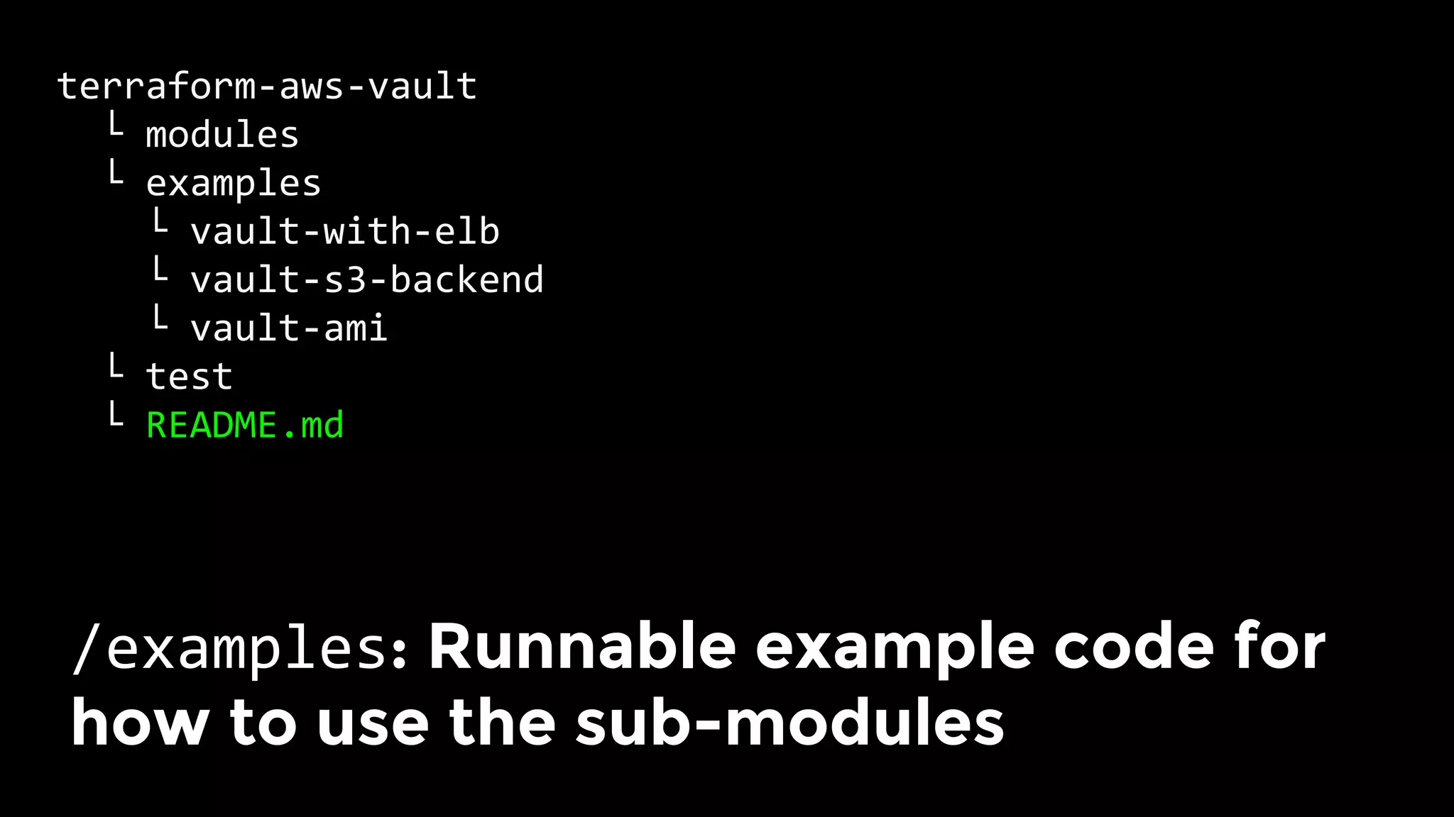 terraform-aws-vault	
		└	modules	
		└	examples	
				└	vault-with-elb	
				└	vault-s3-backend	
				└	vault-ami	
		└	test	
		└	README.md	
/examples: Runnable example code for
how to use the sub-modules	
 