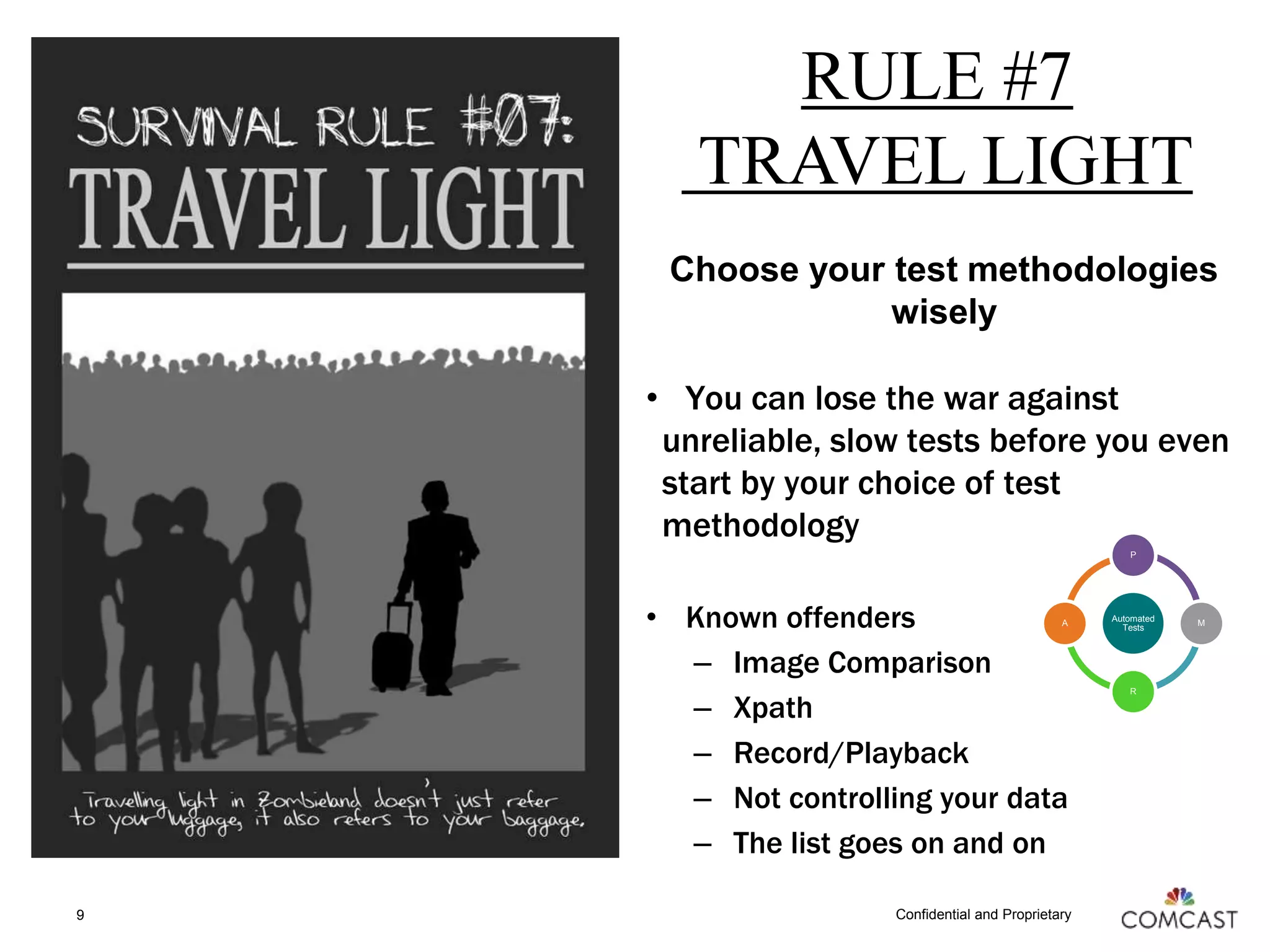 Confidential and Proprietary
Choose your test methodologies
wisely
• You can lose the war against
unreliable, slow tests before you even
start by your choice of test
methodology
• Known offenders
– Image Comparison
– Xpath
– Record/Playback
– Not controlling your data
– The list goes on and on
9
RULE #7
TRAVEL LIGHT
Automated
Tests
P
M
R
A
 
