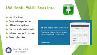 LMS Needs: Mobile Experience
 Notifications
 Branded experience
 LMS/other systems
 Native and mobile web
 Interactive, not passive
 Comprehensive
 