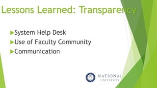 Lessons Learned: Transparency
System Help Desk
Use of Faculty Community
Communication
 