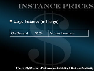 $

Instance Prices
Large Instance (m1.large)
On Demand

$0.24

Reserved

$0.136 *

+ Annual contract ( +$ 0.043)

Spot

$0...