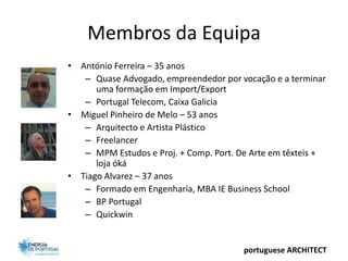 Membros da Equipa
• António Ferreira – 35 anos
   – Quase Advogado, empreendedor por vocação e a terminar
      uma formação em Import/Export
   – Portugal Telecom, Caixa Galicia
• Miguel Pinheiro de Melo – 53 anos
   – Arquitecto e Artista Plástico
   – Freelancer
   – MPM Estudos e Proj. + Comp. Port. De Arte em têxteis +
      loja óká
• Tiago Alvarez – 37 anos
   – Formado em Engenharia, MBA IE Business School
   – BP Portugal
   – Quickwin


                                        portuguese ARCHITECT
 