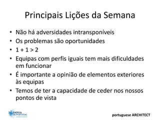 Principais Lições da Semana
• Não há adversidades intransponíveis
• Os problemas são oportunidades
• 1+1>2
• Equipas com perfis iguais tem mais dificuldades
  em funcionar
• É importante a opinião de elementos exteriores
  às equipas
• Temos de ter a capacidade de ceder nos nossos
  pontos de vista

                                     portuguese ARCHITECT
 