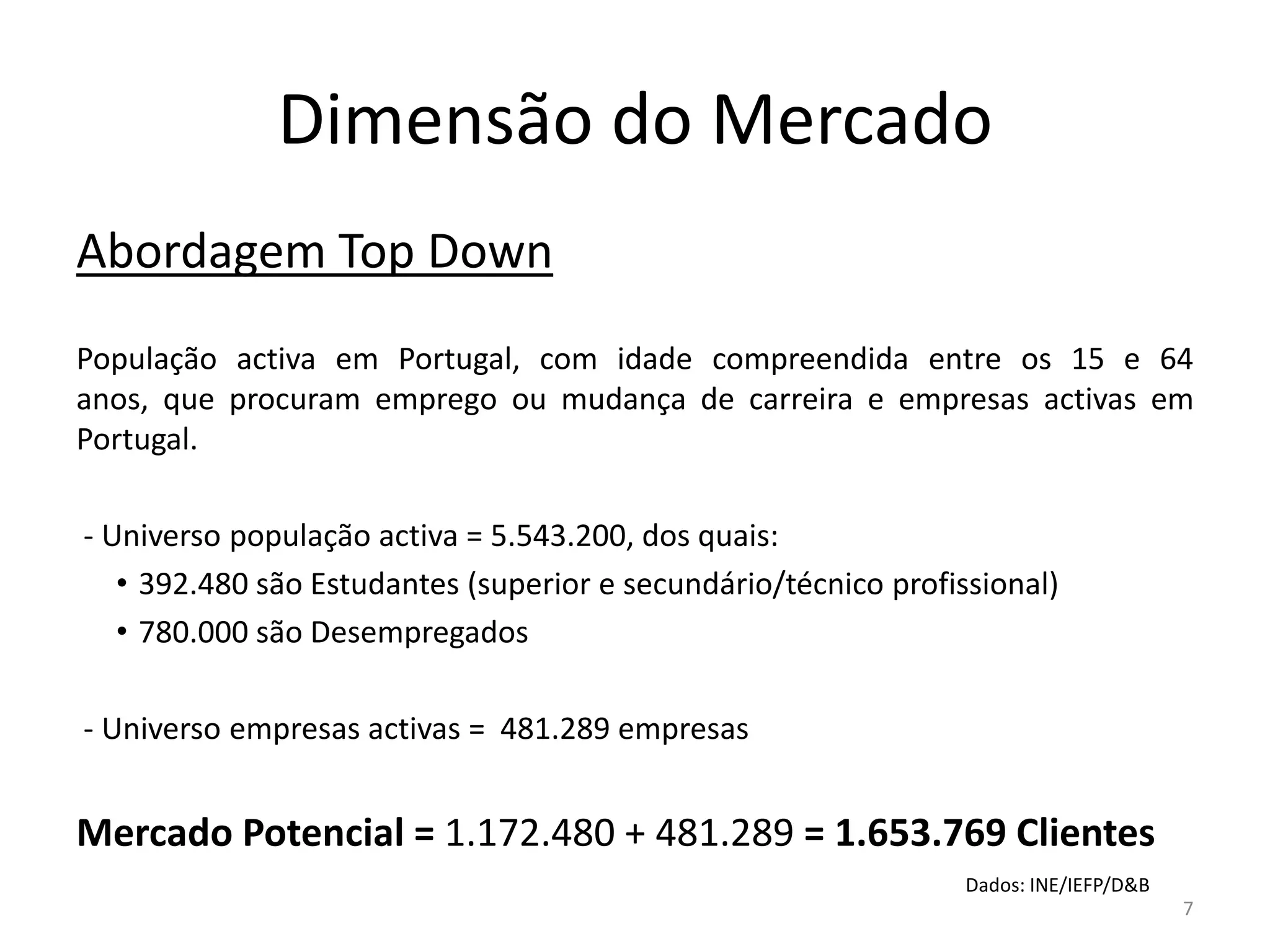 Dimensão do Mercado
Abordagem Top Down
População activa em Portugal, com idade compreendida entre os 15 e 64
anos, que procuram emprego ou mudança de carreira e empresas activas em
Portugal.

- Universo população activa = 5.543.200, dos quais:
   • 392.480 são Estudantes (superior e secundário/técnico profissional)
   • 780.000 são Desempregados

- Universo empresas activas = 481.289 empresas


Mercado Potencial = 1.172.480 + 481.289 = 1.653.769 Clientes
                                                                 Dados: INE/IEFP/D&B
                                                                                       7
 