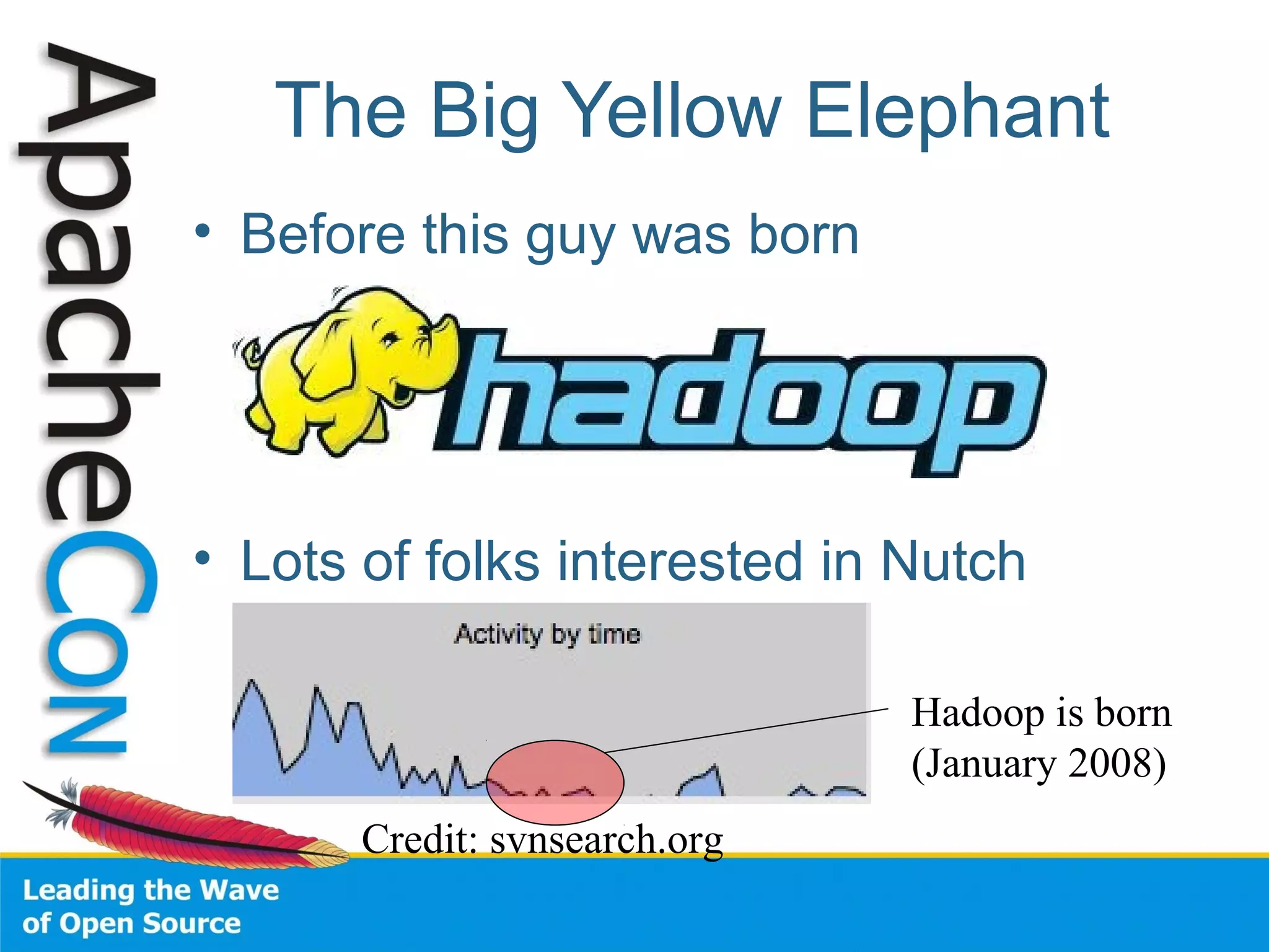 The Big Yellow Elephant
• Before this guy was born
• Lots of folks interested in Nutch
Hadoop is born
(January 2008)
Credit: svnsearch.org
 