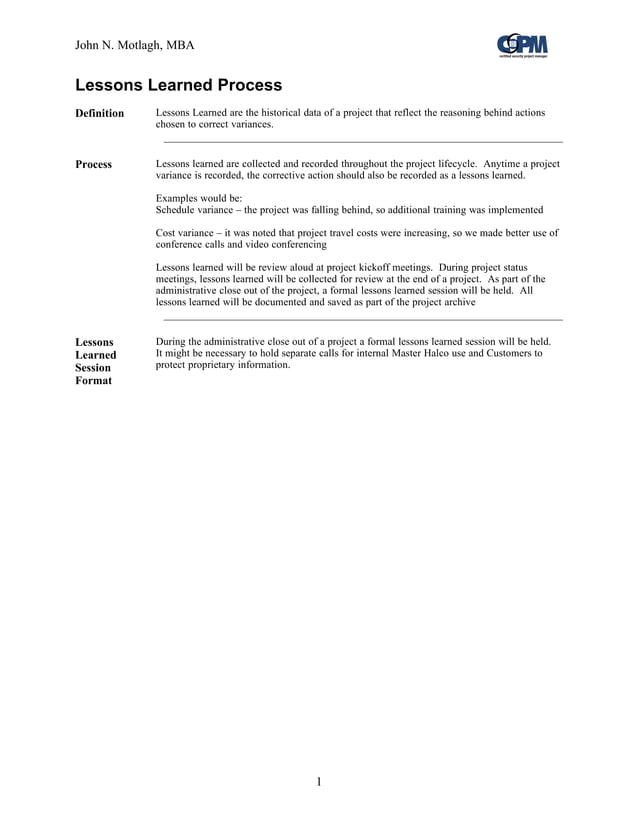 Lessons Learned Process | PDF