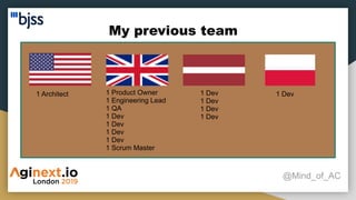 My previous team
@Mind_of_AC
1 Product Owner
1 Engineering Lead
1 QA
1 Dev
1 Dev
1 Dev
1 Dev
1 Scrum Master
1 Dev
1 Dev
1 Dev
1 Dev
1 Architect 1 Dev
 