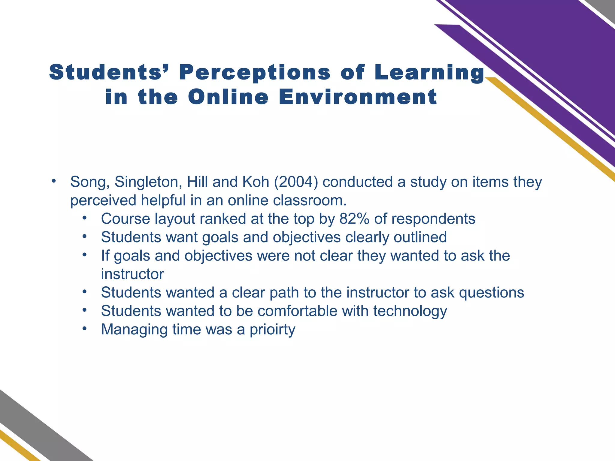 Students’ Perceptions of Learning
in the Online Environment
• Song, Singleton, Hill and Koh (2004) conducted a study on items they
perceived helpful in an online classroom.
• Course layout ranked at the top by 82% of respondents
• Students want goals and objectives clearly outlined
• If goals and objectives were not clear they wanted to ask the
instructor
• Students wanted a clear path to the instructor to ask questions
• Students wanted to be comfortable with technology
• Managing time was a prioirty
 