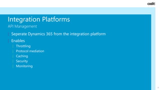 Integration Platforms
API Management
18
| Seperate Dynamics 365 from the integration platform
| Enables
| Throttling
| Protocol mediation
| Caching
| Security
| Monitoring
 